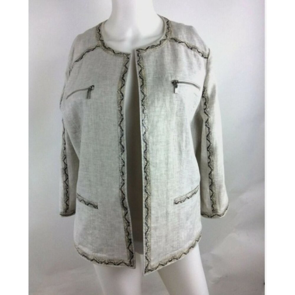 Chicos Linen Blend Jacket Womens Size 2 Neutral Snakeskin Trim Open Front - Picture 7 of 9